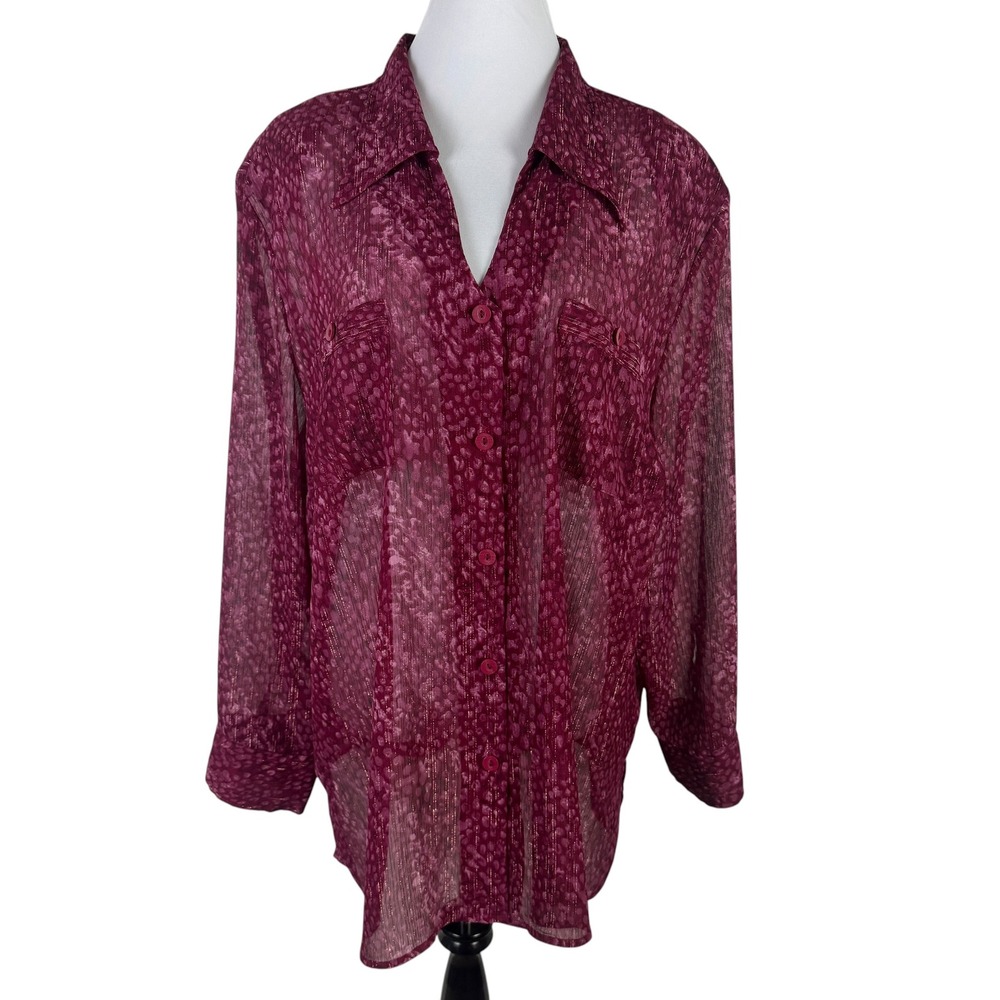Maggie Barnes Women's 3X 26/28 Magenta Print Sheer Gold Metallic Blouse Plus
